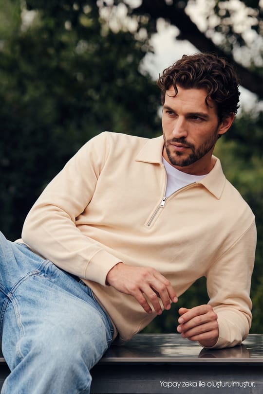 Erkek Regular Fit Klasik Kesim Fermuarlı Selanik Kumaş Sarı Polo Yaka Sweatshirt