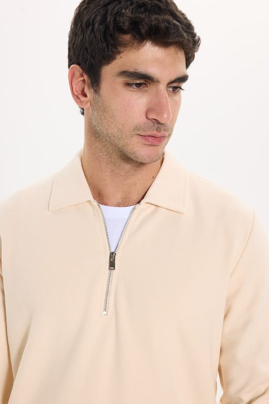 Erkek Regular Fit Klasik Kesim Fermuarlı Selanik Kumaş Sarı Polo Yaka Sweatshirt