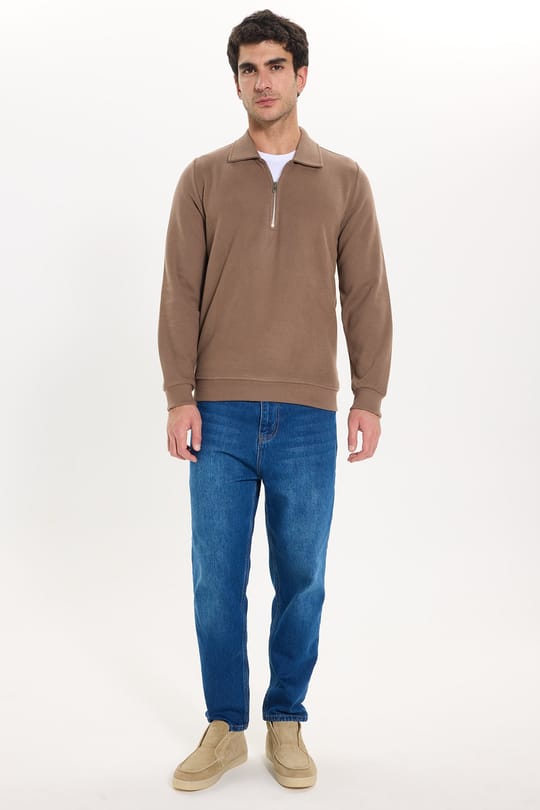 Erkek Regular Fit Klasik Kesim Fermuarlı Selanik Kumaş Kahverengi Polo Yaka Sweatshirt