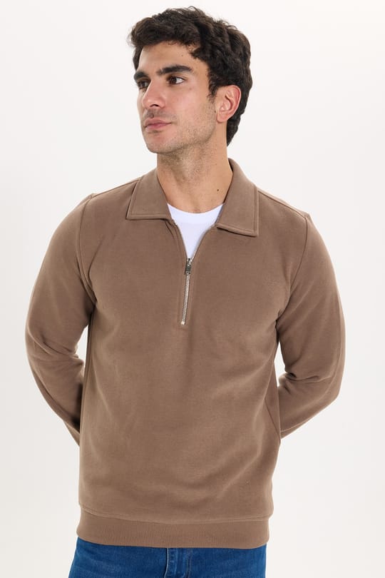 Erkek Regular Fit Klasik Kesim Fermuarlı Selanik Kumaş Kahverengi Polo Yaka Sweatshirt
