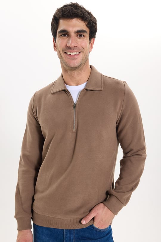 Erkek Regular Fit Klasik Kesim Fermuarlı Selanik Kumaş Kahverengi Polo Yaka Sweatshirt