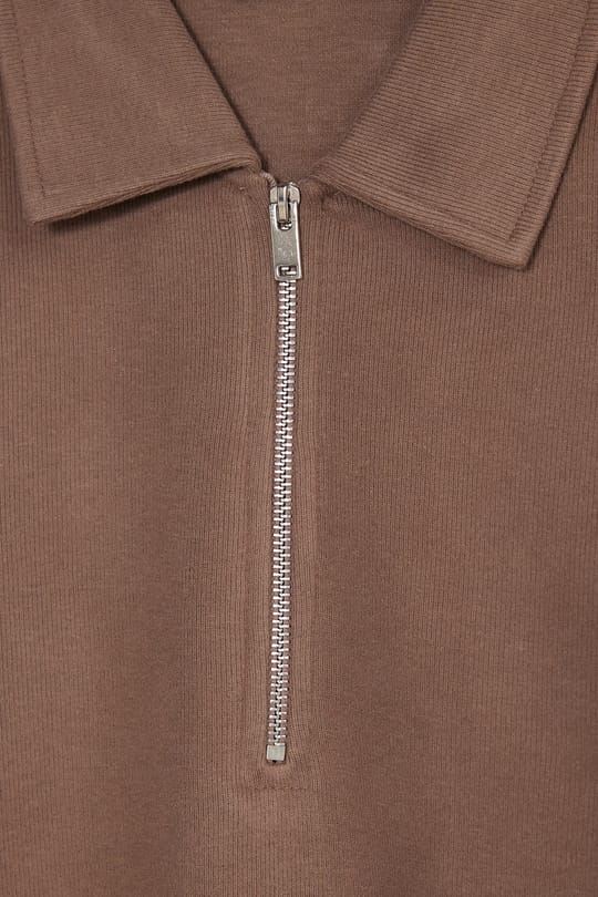 Erkek Regular Fit Klasik Kesim Fermuarlı Selanik Kumaş Kahverengi Polo Yaka Sweatshirt