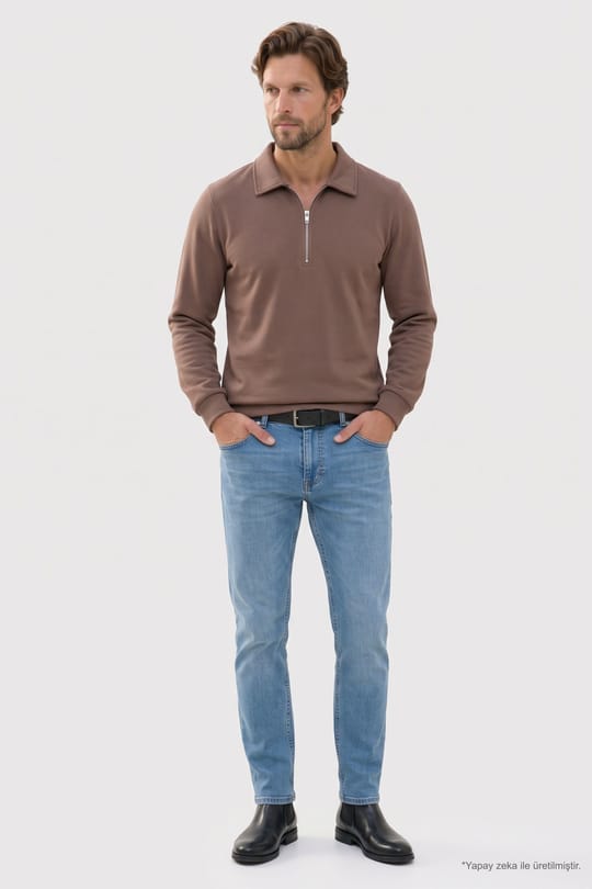 Erkek Regular Fit Klasik Kesim Fermuarlı Selanik Kumaş Kahverengi Polo Yaka Sweatshirt