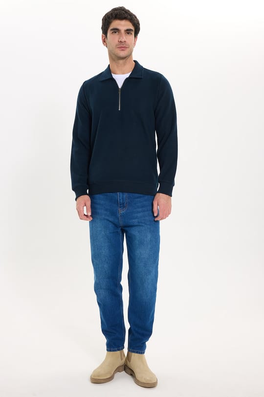 Erkek Regular Fit Klasik Kesim Fermuarlı Selanik Kumaş Lacivert Polo Yaka Sweatshirt