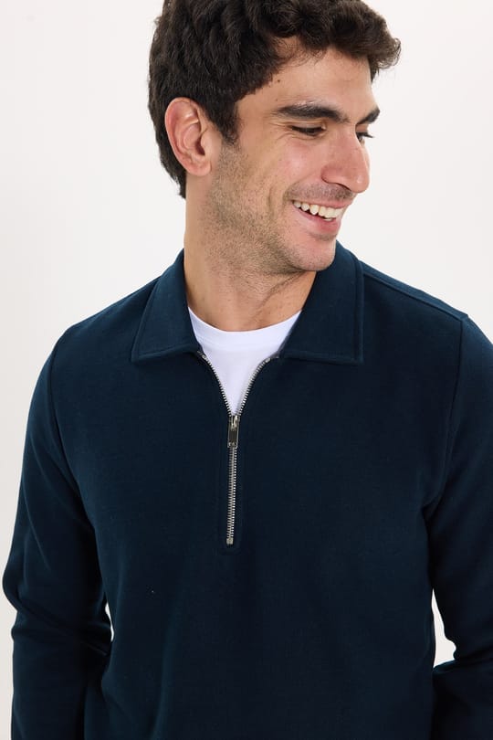 Erkek Regular Fit Klasik Kesim Fermuarlı Selanik Kumaş Lacivert Polo Yaka Sweatshirt