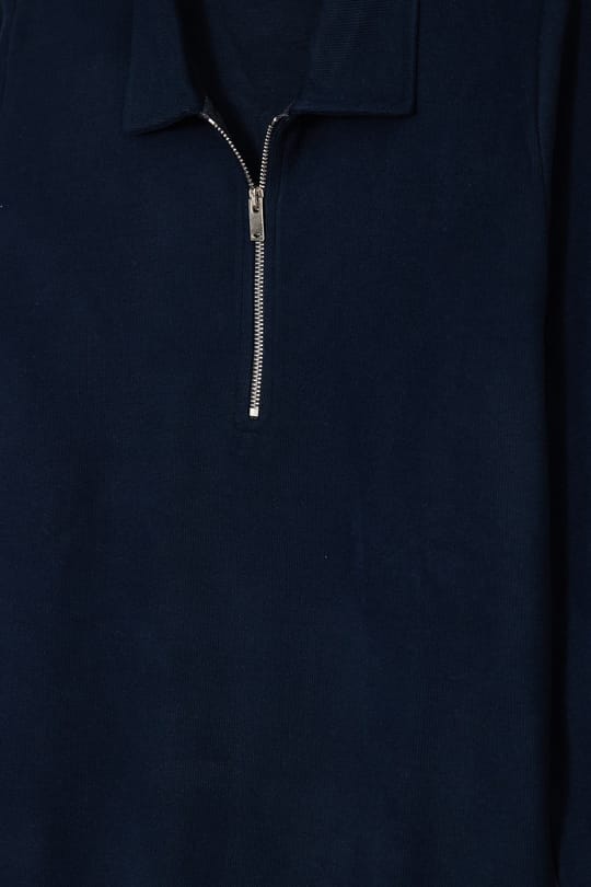 Erkek Regular Fit Klasik Kesim Fermuarlı Selanik Kumaş Lacivert Polo Yaka Sweatshirt