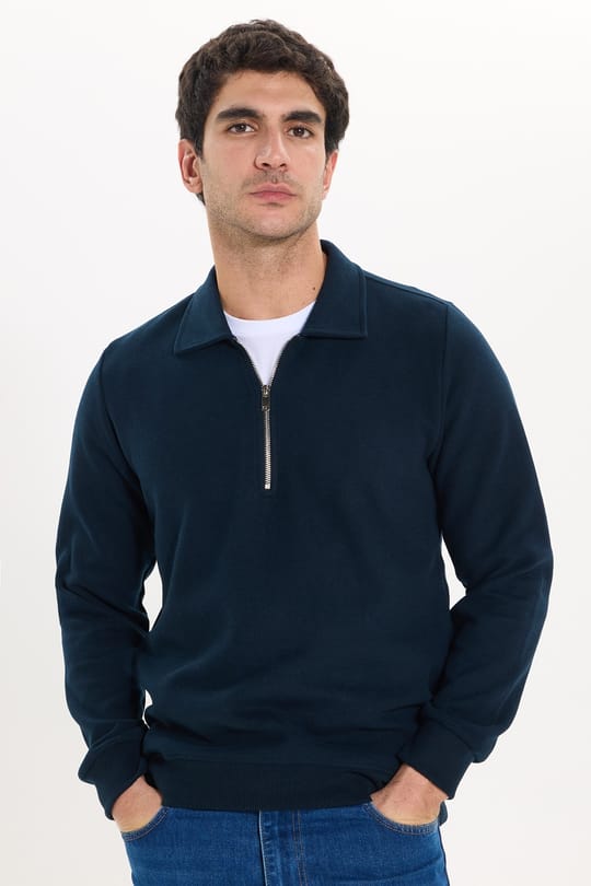 Erkek Regular Fit Klasik Kesim Fermuarlı Selanik Kumaş Lacivert Polo Yaka Sweatshirt