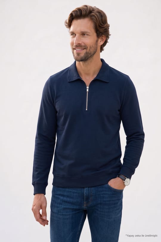 Erkek Regular Fit Klasik Kesim Fermuarlı Selanik Kumaş Lacivert Polo Yaka Sweatshirt