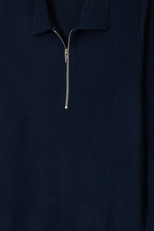 Erkek Regular Fit Klasik Kesim Fermuarlı Selanik Kumaş Lacivert Polo Yaka Sweatshirt