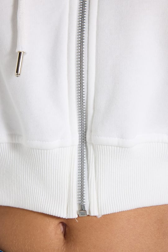 Kadın Regular Fit Klasik Kesim Pamuklu Kapüşonlu Fermuarlı Beyaz Crop Sweatshirt