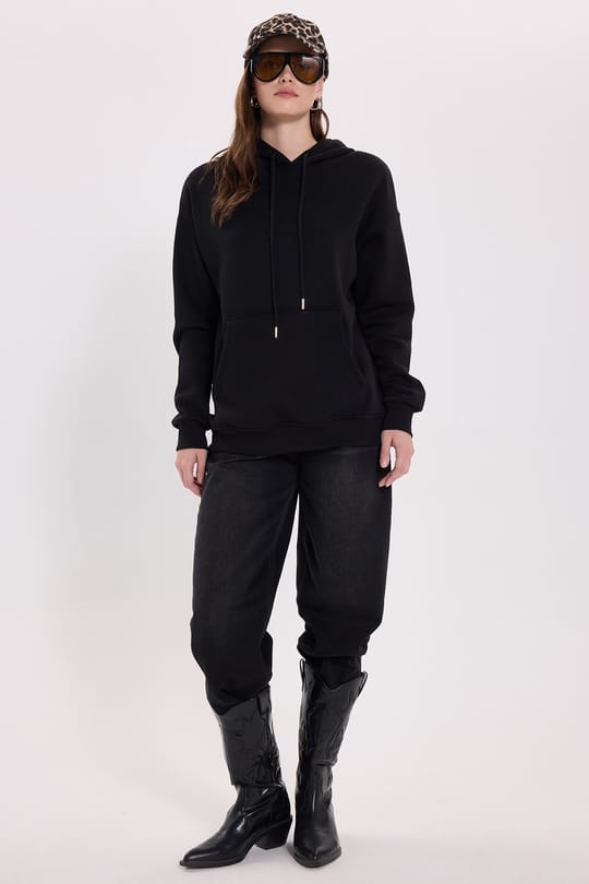 Kadın Regular Fit Klasik Kesim Pamuklu Kapüşonlu Kanguru Cepli Bağcıklı Siyah Sweatshirt