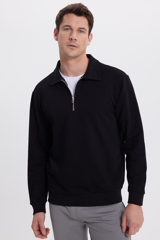 Erkek 3lü Paket Siyah-Gri-Kahverengi Relax Fit Pamuklu Fermuarlı Polo Yaka Sweatshirt