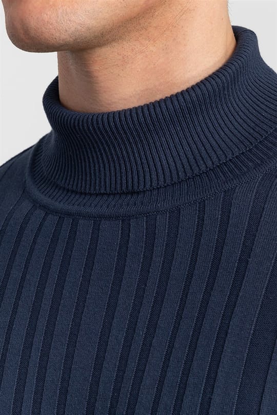 Erkek Slim Fit Tam Balıkçı Yaka İndigo Triko Kazak