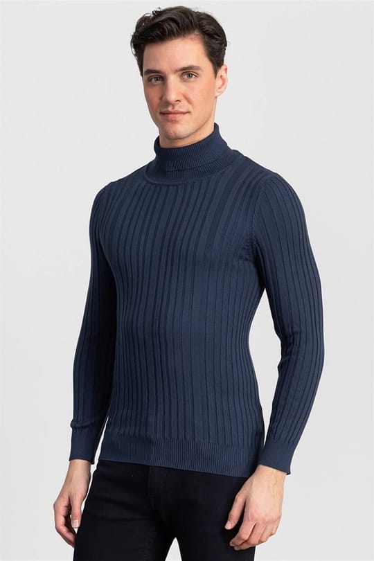 Erkek Slim Fit Tam Balıkçı Yaka İndigo Triko Kazak