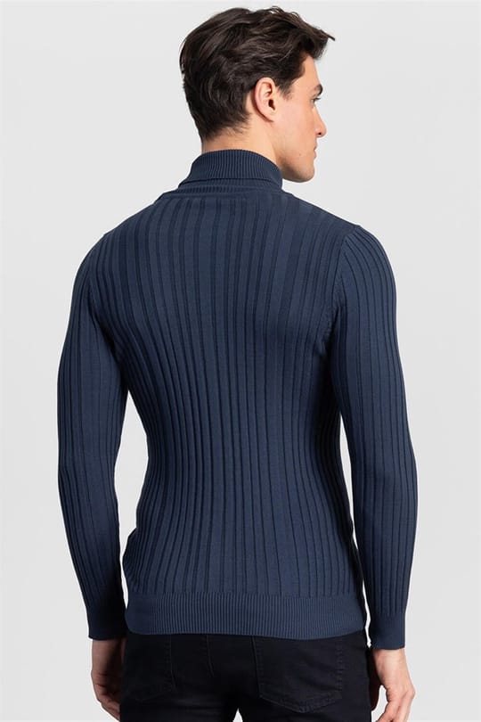 Erkek Slim Fit Tam Balıkçı Yaka İndigo Triko Kazak