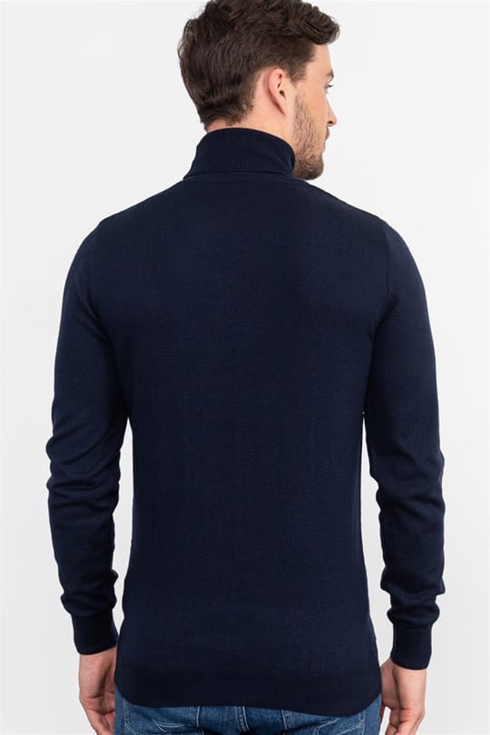 Erkek Slim Fit Tam Balıkçı Yaka İnce Yün Lacivert Triko Kazak
