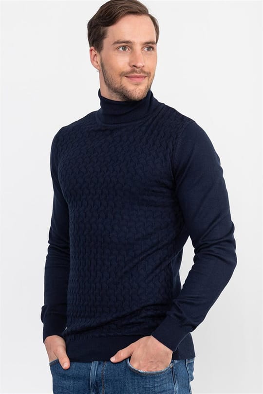 Erkek Slim Fit Tam Balıkçı Yaka İnce Yün Lacivert Triko Kazak