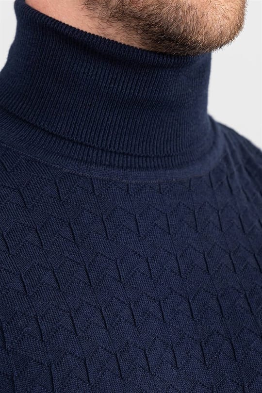 Erkek Slim Fit Tam Balıkçı Yaka İnce Yün Lacivert Triko Kazak