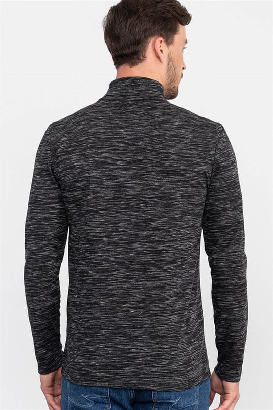 Erkek Slim Fit Dar Kesim Desenli İnce Siyah Tam Balıkçı Yaka Sweatshirt
