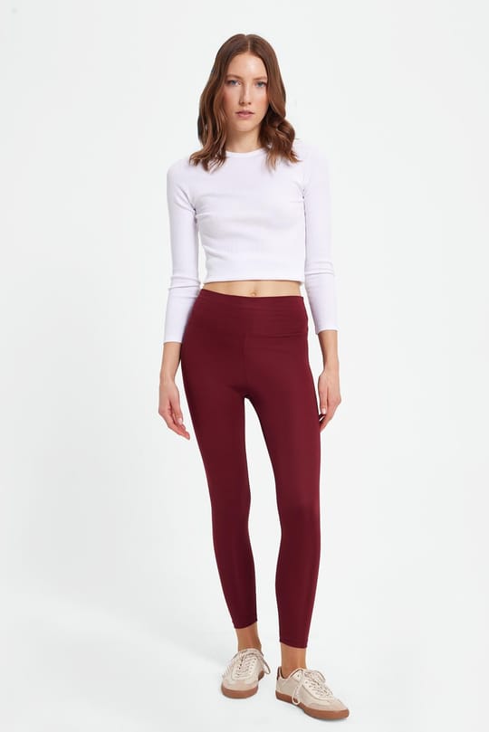 Kadın Slim Fit Dar Kesim Scuba Kumaş Beli Lastikli Bordo Tayt