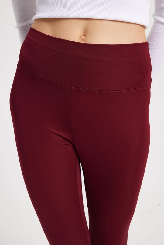 Kadın Slim Fit Dar Kesim Scuba Kumaş Beli Lastikli Bordo Tayt