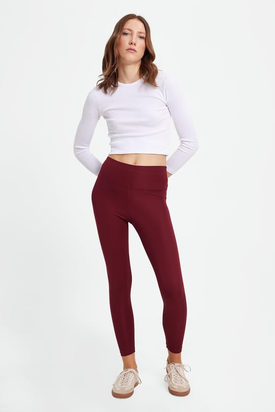 Kadın Slim Fit Dar Kesim Scuba Kumaş Beli Lastikli Bordo Tayt
