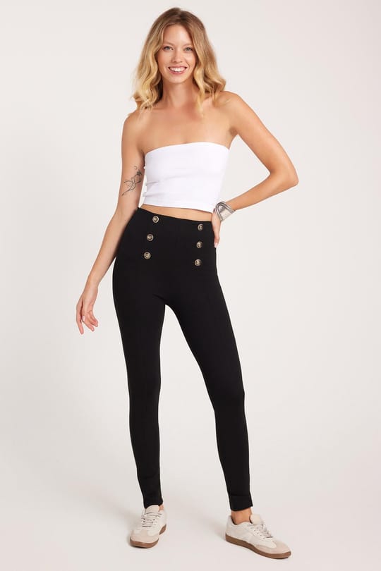 Kadın Slim Fit Dar Kesim Beli Lastikli Düğme Detaylı Siyah Tayt