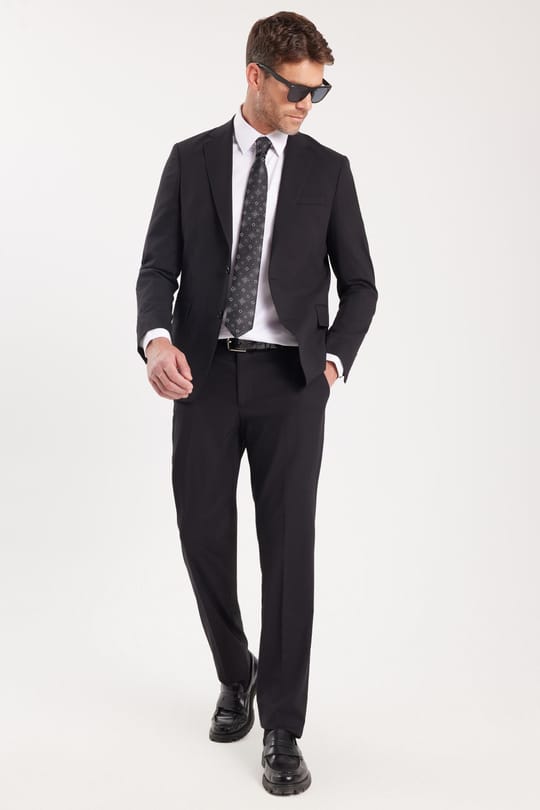 Erkek Slim Fit Mono Yaka Likralı Esnek Kumaş Siyah Takım Elbise