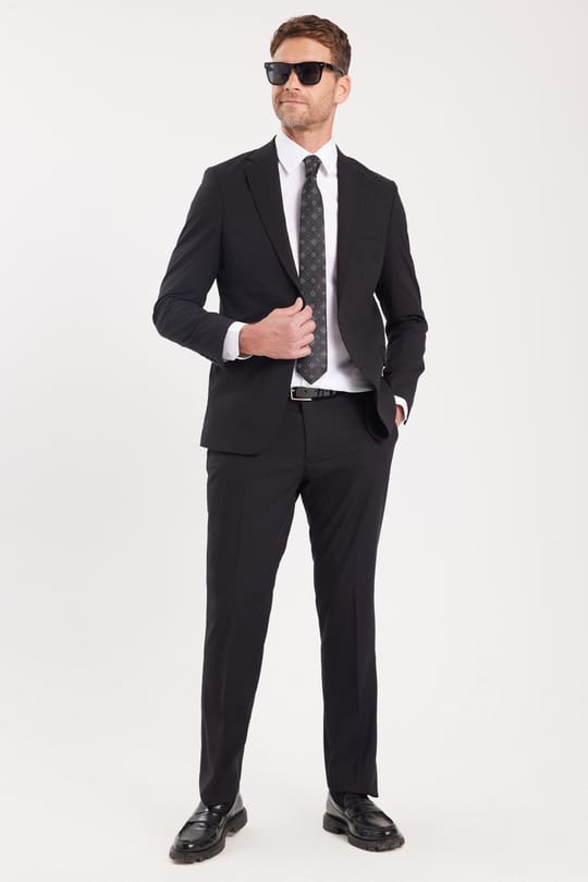 Erkek Slim Fit Mono Yaka Likralı Esnek Kumaş Siyah Takım Elbise