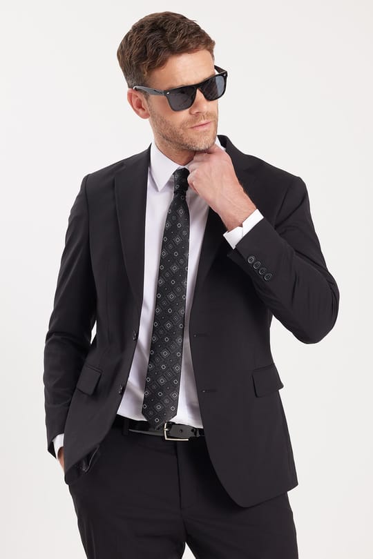 Erkek Slim Fit Mono Yaka Likralı Esnek Kumaş Siyah Takım Elbise