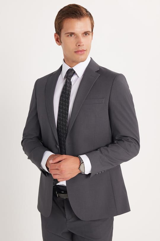 Erkek Slim Fit Mono Yaka Likralı Esnek Kumaş Füme Takım Elbise