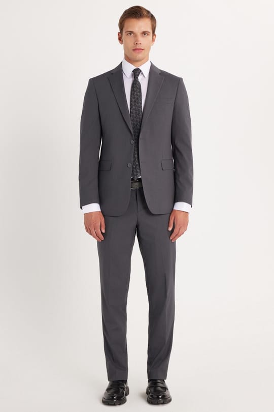 Erkek Slim Fit Mono Yaka Likralı Esnek Kumaş Füme Takım Elbise