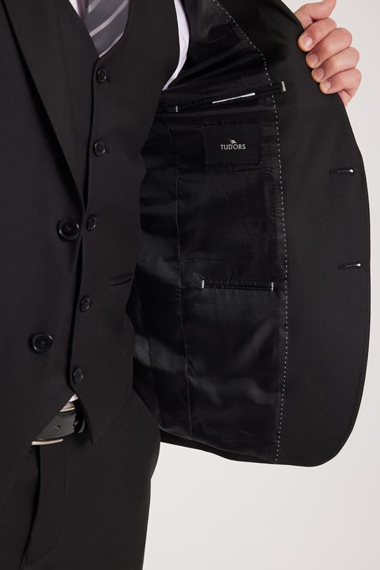 Erkek Slim Fit Siyah Esnek Likralı Kumaş Sivri Yaka Yelekli Takım Elbise