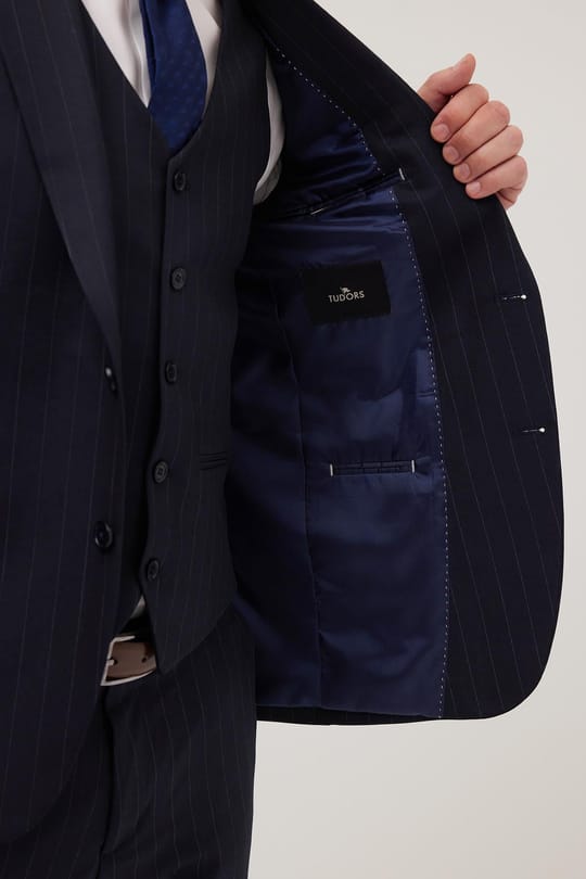 Erkek Slim Fit Lacivert Esnek Likralı Kumaş Sivri Yaka Yelekli Takım Elbise