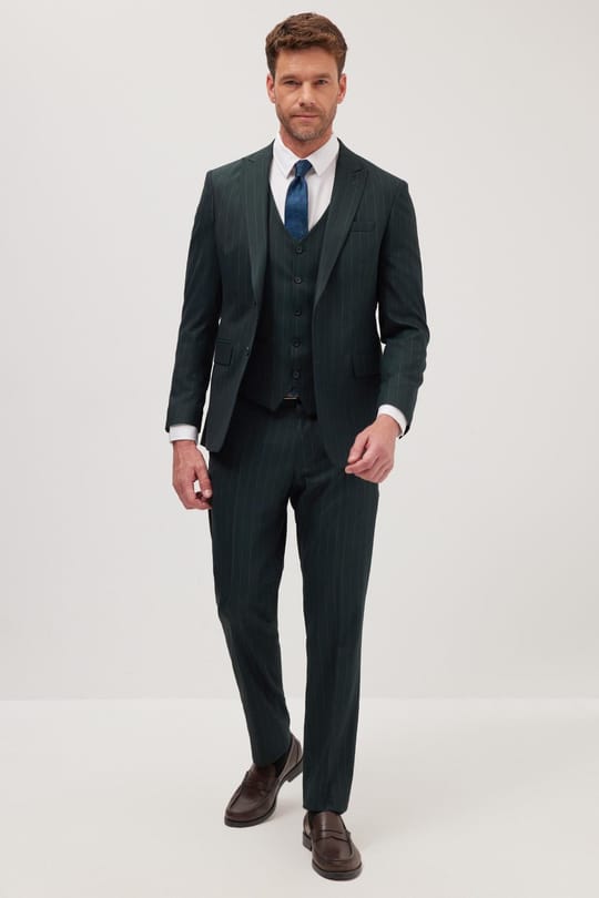 Erkek Slim Fit Haki Esnek Likralı Kumaş Sivri Yaka Yelekli Takım Elbise