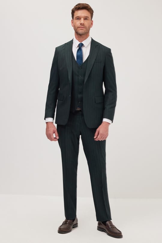 Erkek Slim Fit Haki Esnek Likralı Kumaş Sivri Yaka Yelekli Takım Elbise