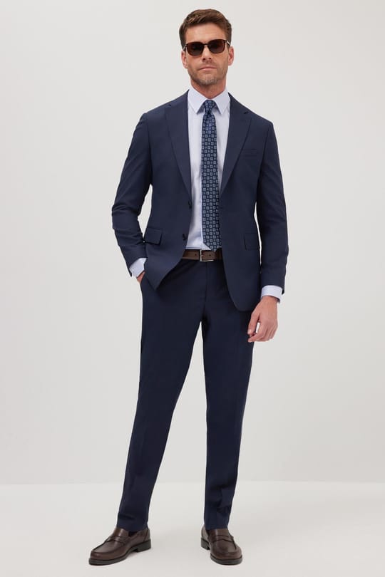 Erkek Slim Fit Mono Yaka Likralı Esnek Kumaş Lacivert Takım Elbise