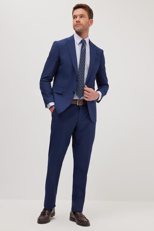 Erkek Slim Fit Mono Yaka Likralı Esnek Kumaş Koyu Lacivert Takım Elbise