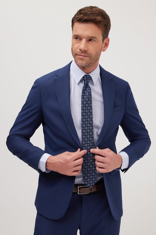 Erkek Slim Fit Mono Yaka Likralı Esnek Kumaş Koyu Lacivert Takım Elbise
