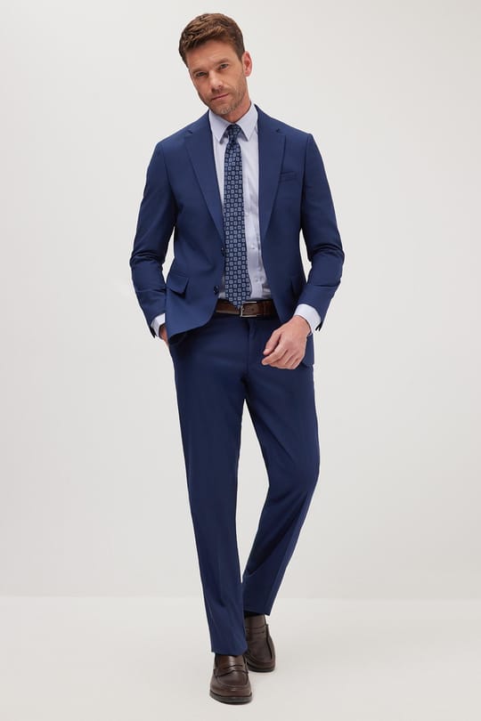 Erkek Slim Fit Mono Yaka Likralı Esnek Kumaş Koyu Lacivert Takım Elbise