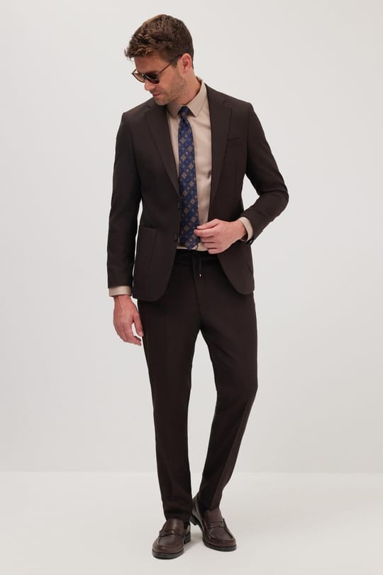 Erkek Slim Fit Mono Yaka Likralı Esnek Kumaş Kahverengi Takım Elbise