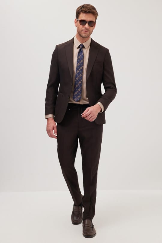 Erkek Slim Fit Mono Yaka Likralı Esnek Kumaş Kahverengi Takım Elbise