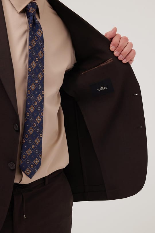 Erkek Slim Fit Mono Yaka Likralı Esnek Kumaş Kahverengi Takım Elbise