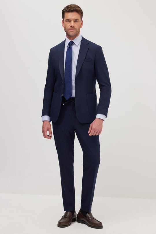 Erkek Slim Fit Mono Yaka Likralı Esnek Kumaş Lacivert Takım Elbise