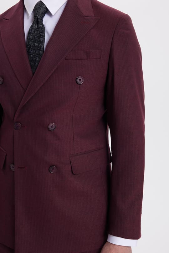Erkek Slim Fit Sivri Yaka Çizgili Kapaklı Cepli Bordo Takım Elbise