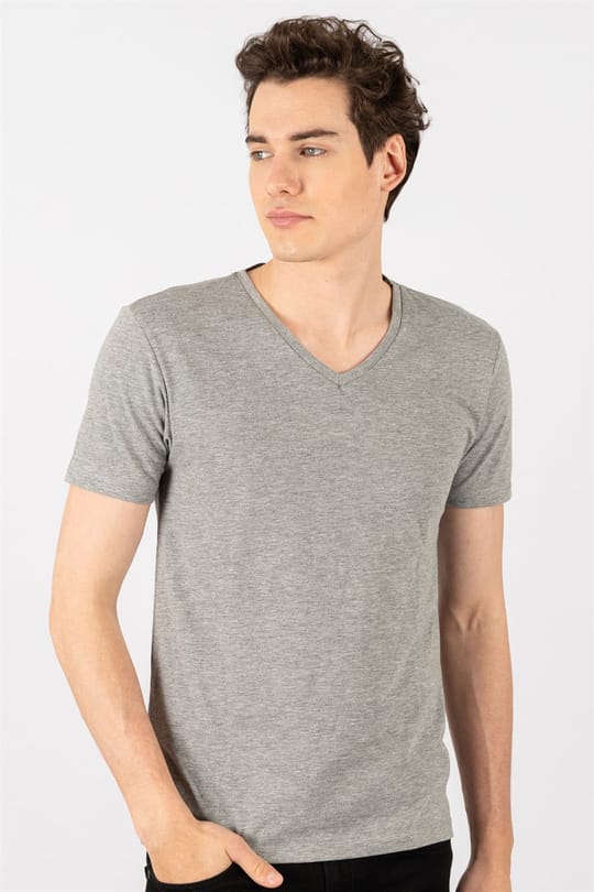 Erkek Slim Fit Dar Kesim Pamuklu Yumuşak Dokulu Likralı Esnek Kumaş Düz Basic Gri V Yaka Tişört