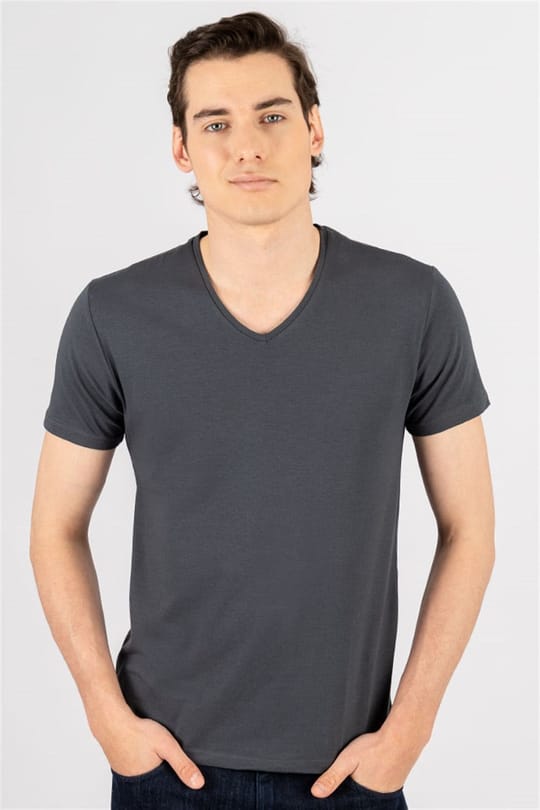 Slim Fit Dar Kesim V Yaka Düz Basıc Kısa Kol T-Shirt