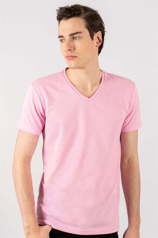 Erkek Slim Fit Dar Kesim Pamuklu Oxford Pembe V Yaka Tişört