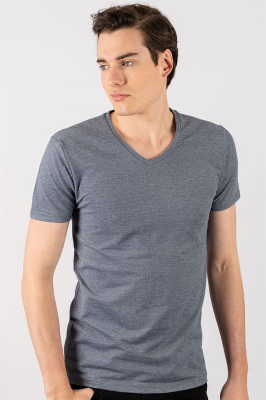 Erkek Slim Fit Dar Kesim Pamuklu Oxford Lacivert V Yaka Tişört