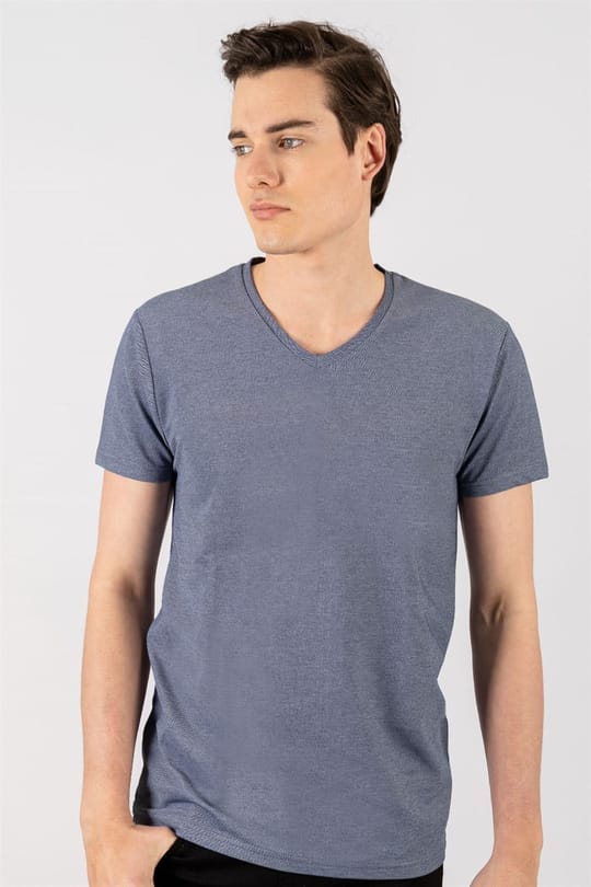 Erkek Slim Fit Dar Kesim Pamuklu Oxford İndigo V Yaka Tişört